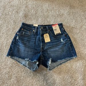 New womens Levi’s 501 Original denim shorts personal pair distressed dark wash